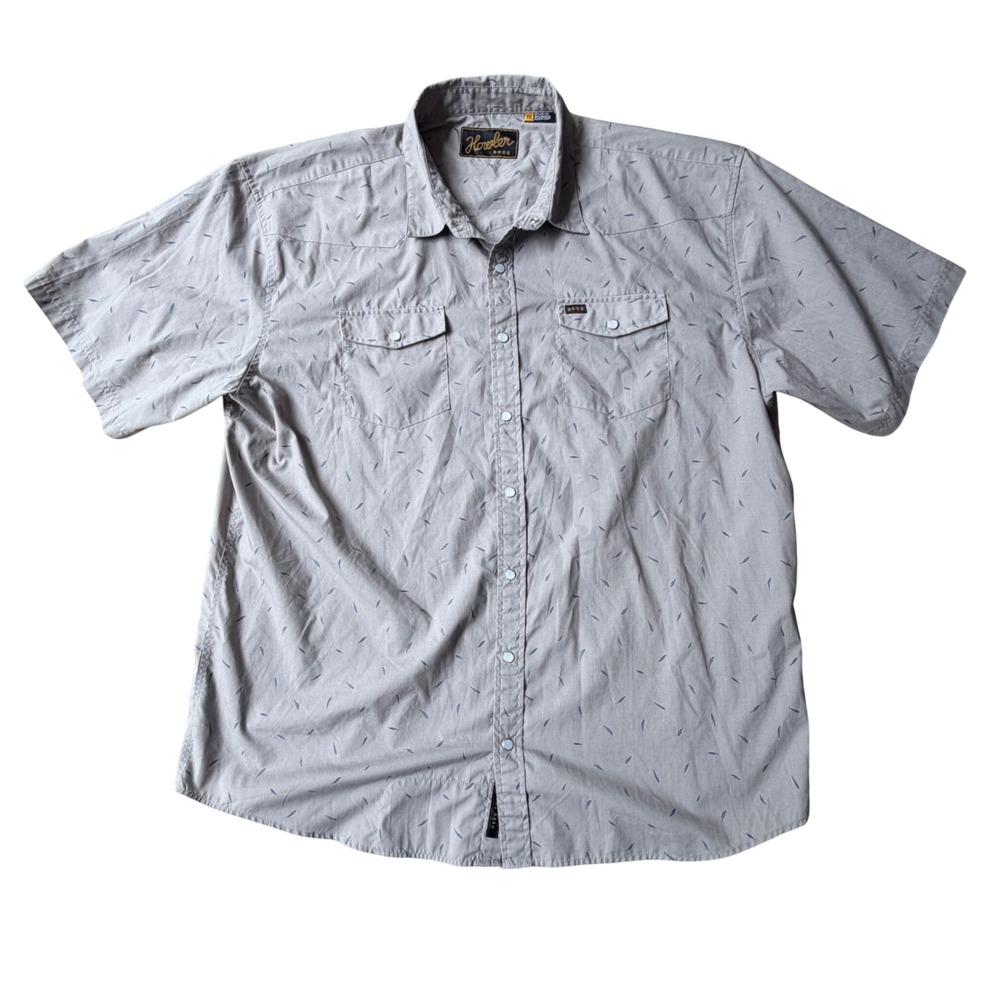 Howler Brothers Mens XXL Gaucho Snapshirt‎ Grey Blue Feather Print Western Pearl